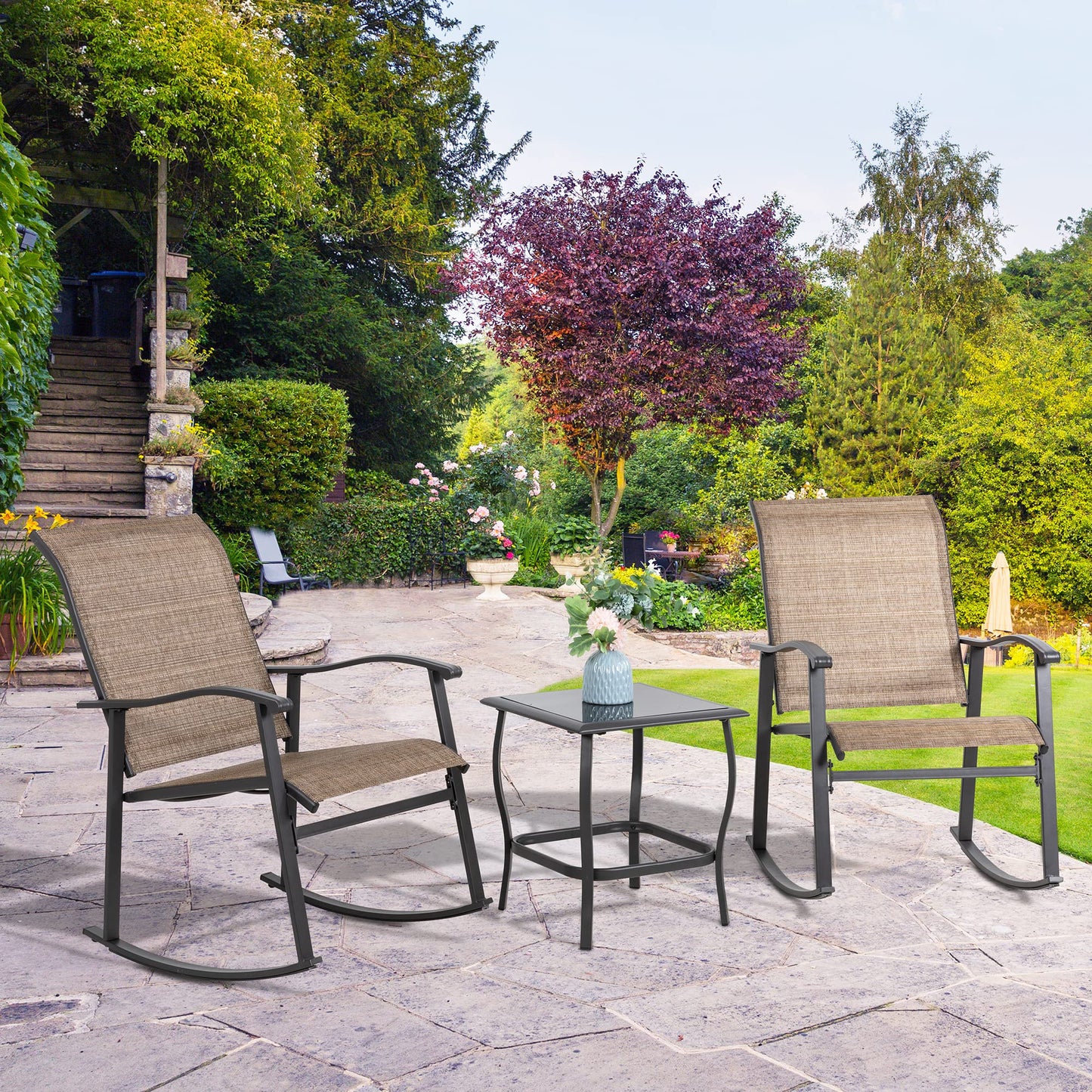 Shintenchi Rocking Chair Outdoor with Table, 3 Piece Rocking Patio Bistro Set, Outdoor Furniture Set with Metal Frame and Textilene Fabric for Small Space, Brown