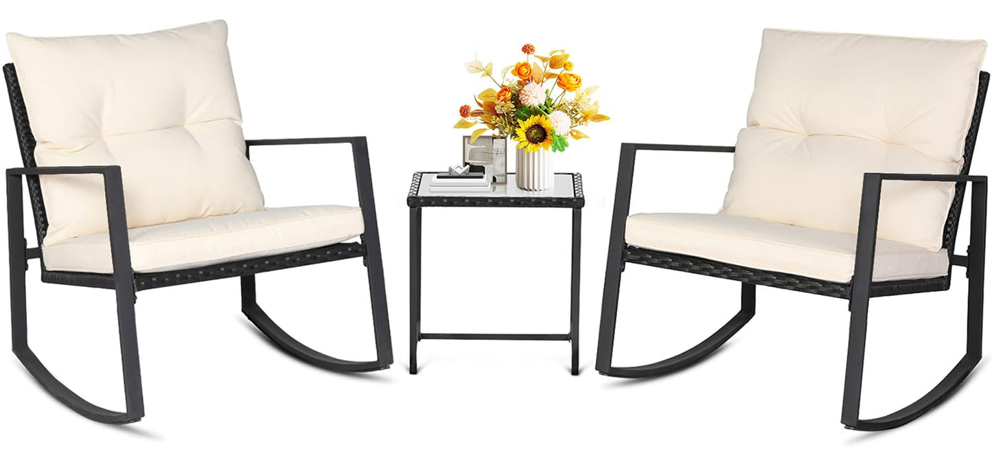 SUNCROWN 3 Piece Outdoor Rocking Bistro Set Black Wicker Furniture Porch Chairs Conversation Sets with Glass Coffee Table, Beige