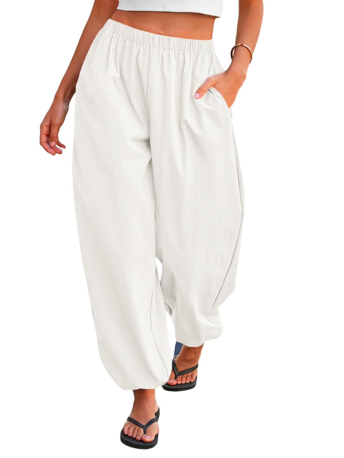 Tankaneo Womens Balloon Pants Trendy Casual Elastic Waist Wide Leg Harem Pants Baggy Pleated Lantern Trousers