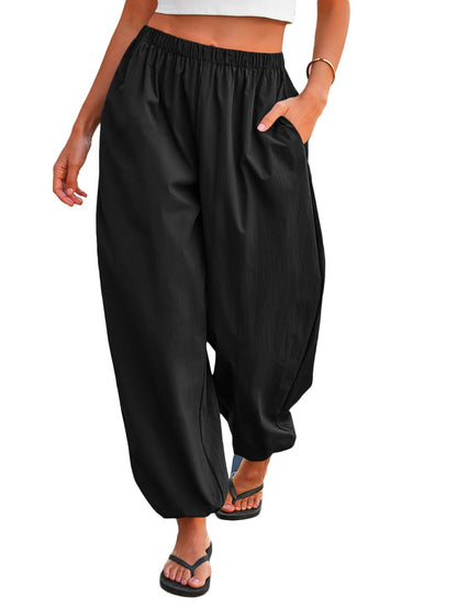 Tankaneo Womens Balloon Pants Trendy Casual Elastic Waist Wide Leg Harem Pants Baggy Pleated Lantern Trousers