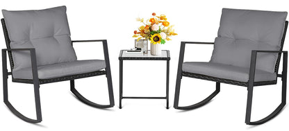 SUNCROWN 3 Piece Outdoor Rocking Bistro Set Black Wicker Furniture Porch Chairs Conversation Sets with Glass Coffee Table, Beige