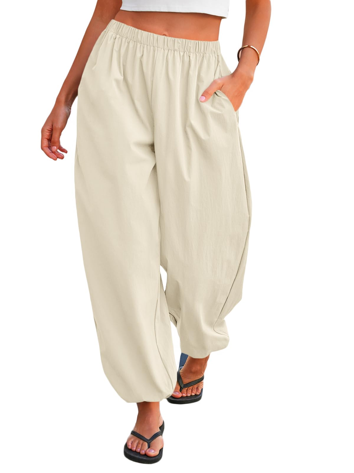 Tankaneo Womens Balloon Pants Trendy Casual Elastic Waist Wide Leg Harem Pants Baggy Pleated Lantern Trousers
