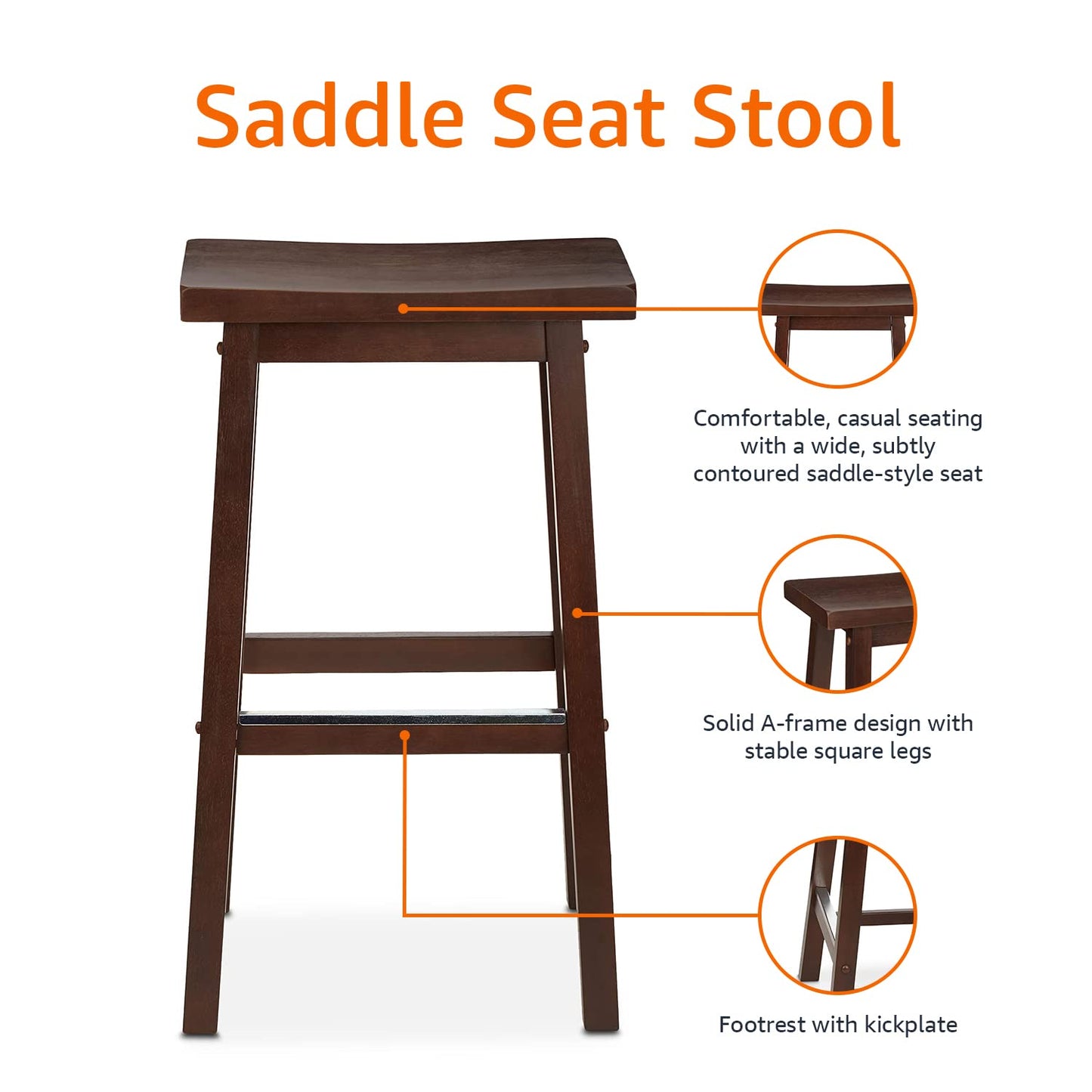 Amazon Basics Solid Wood Saddle-Seat Counter Height Bar Stools for Kitchen Island with Footrest, 24-Inch Height, Black, Set of 2