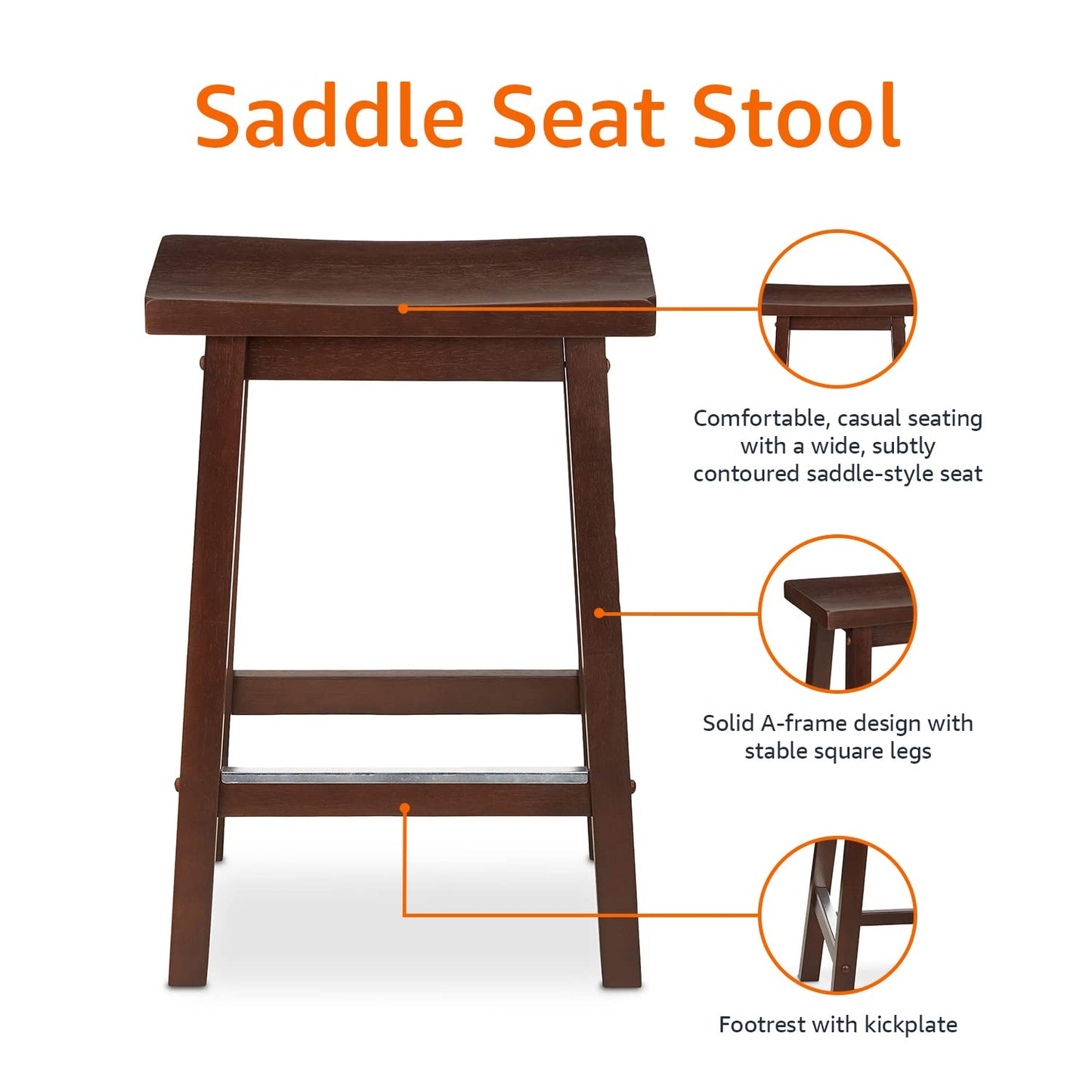 Amazon Basics Solid Wood Saddle-Seat Counter Height Bar Stools for Kitchen Island with Footrest, 24-Inch Height, Black, Set of 2