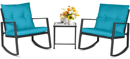 SUNCROWN 3 Piece Outdoor Rocking Bistro Set Black Wicker Furniture Porch Chairs Conversation Sets with Glass Coffee Table, Beige
