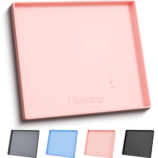 ukeetap Extra Thick Silicone Mat Waterproof with Raised Edge 19” x 12”, BPA Free Non-Slip Dog & Cat Food Mat, Feeding Mat for Food and Water Bowls, Spill Proof Mat to Protect Floors, Gray
