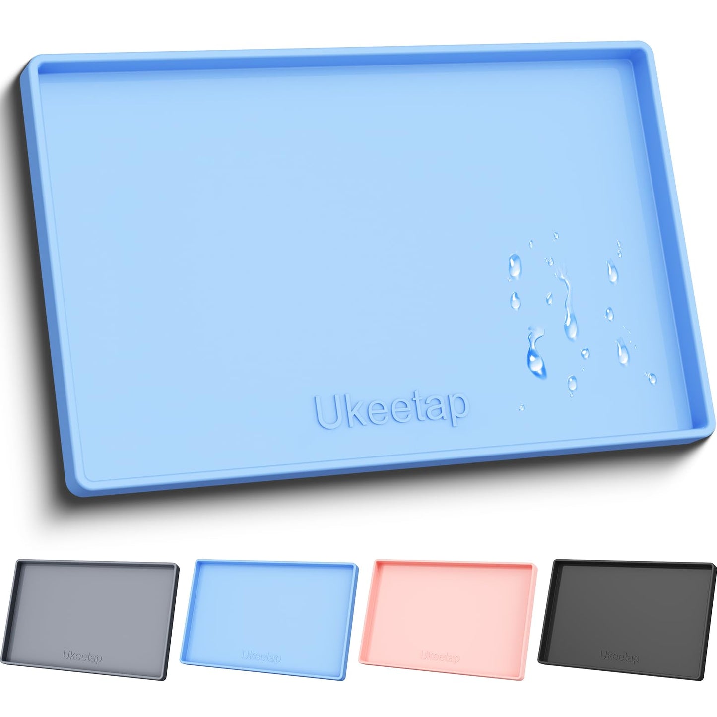 ukeetap Extra Thick Silicone Mat Waterproof with Raised Edge 19” x 12”, BPA Free Non-Slip Dog & Cat Food Mat, Feeding Mat for Food and Water Bowls, Spill Proof Mat to Protect Floors, Gray