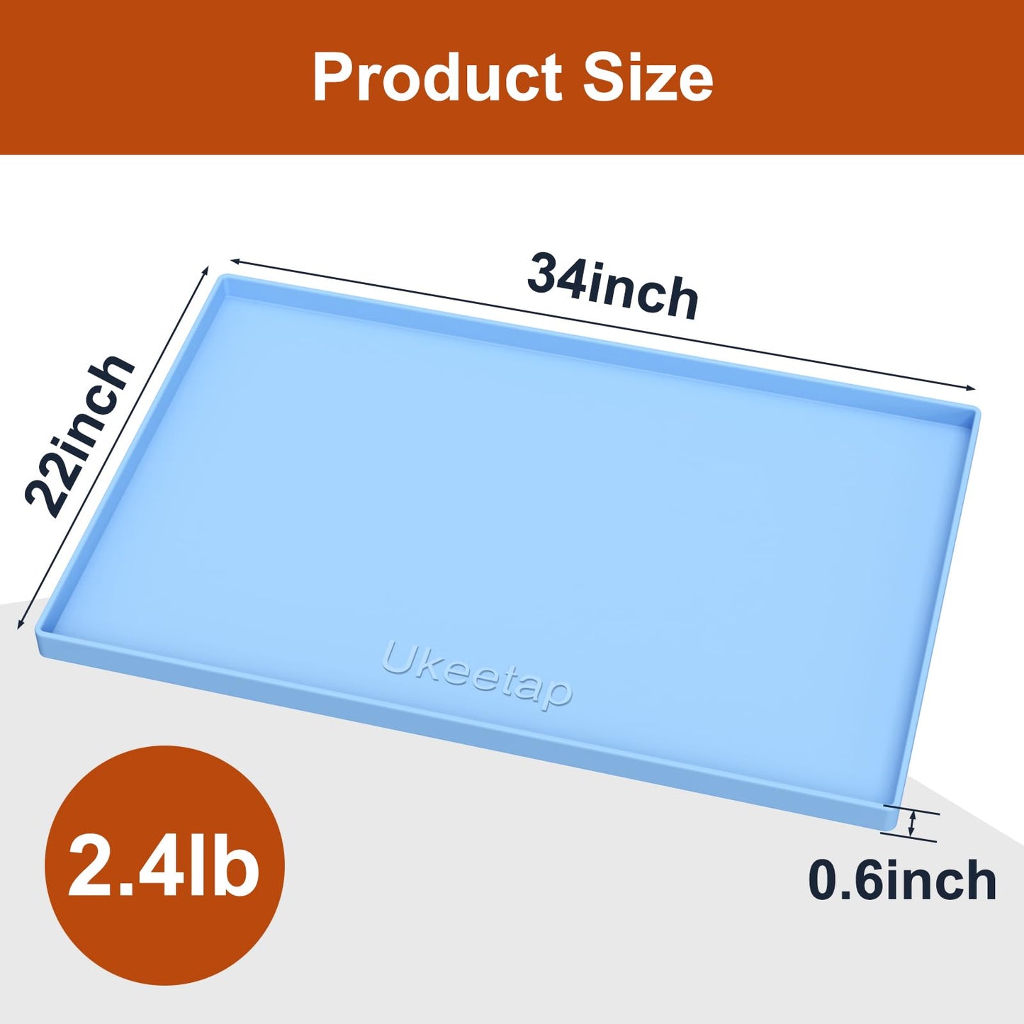 ukeetap Extra Thick Silicone Mat Waterproof with Raised Edge 19” x 12”, BPA Free Non-Slip Dog & Cat Food Mat, Feeding Mat for Food and Water Bowls, Spill Proof Mat to Protect Floors, Gray