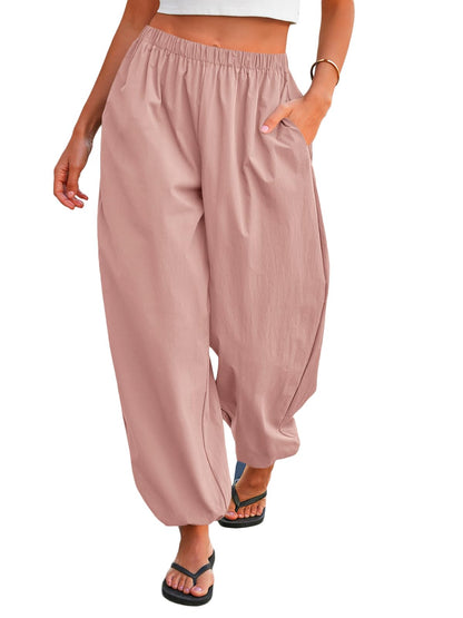 Tankaneo Womens Balloon Pants Trendy Casual Elastic Waist Wide Leg Harem Pants Baggy Pleated Lantern Trousers