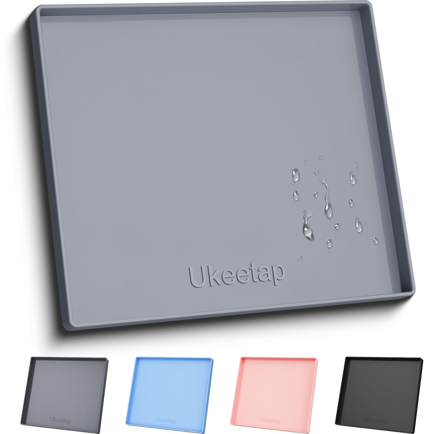 ukeetap Extra Thick Silicone Mat Waterproof with Raised Edge 19” x 12”, BPA Free Non-Slip Dog & Cat Food Mat, Feeding Mat for Food and Water Bowls, Spill Proof Mat to Protect Floors, Gray