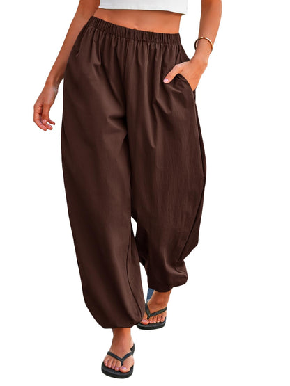 Tankaneo Womens Balloon Pants Trendy Casual Elastic Waist Wide Leg Harem Pants Baggy Pleated Lantern Trousers