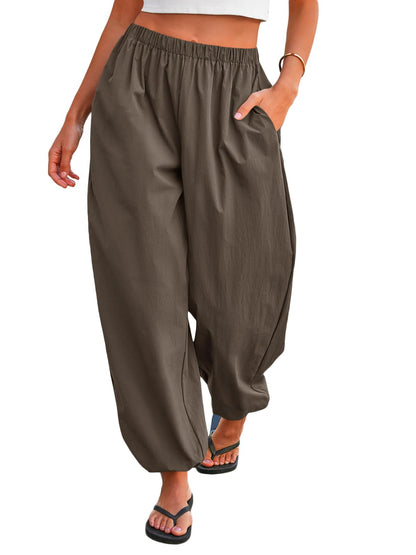 Tankaneo Womens Balloon Pants Trendy Casual Elastic Waist Wide Leg Harem Pants Baggy Pleated Lantern Trousers