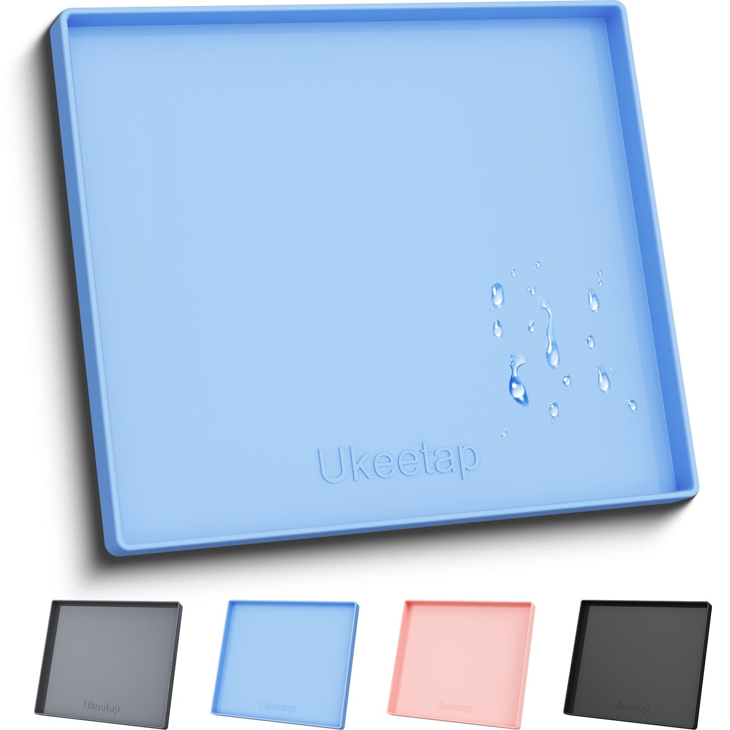 ukeetap Extra Thick Silicone Mat Waterproof with Raised Edge 19” x 12”, BPA Free Non-Slip Dog & Cat Food Mat, Feeding Mat for Food and Water Bowls, Spill Proof Mat to Protect Floors, Gray