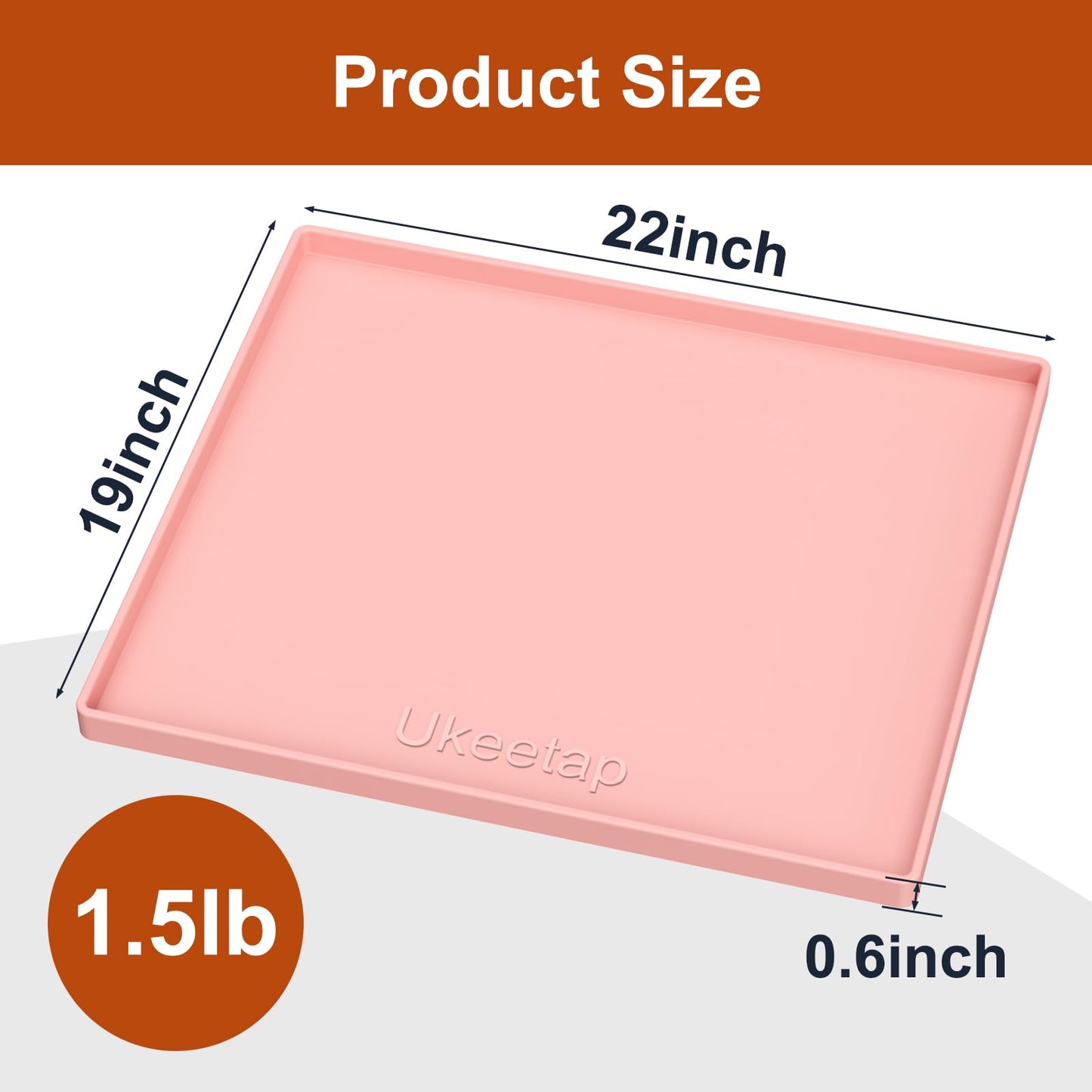ukeetap Extra Thick Silicone Mat Waterproof with Raised Edge 19” x 12”, BPA Free Non-Slip Dog & Cat Food Mat, Feeding Mat for Food and Water Bowls, Spill Proof Mat to Protect Floors, Gray