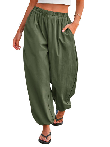 Tankaneo Womens Balloon Pants Trendy Casual Elastic Waist Wide Leg Harem Pants Baggy Pleated Lantern Trousers