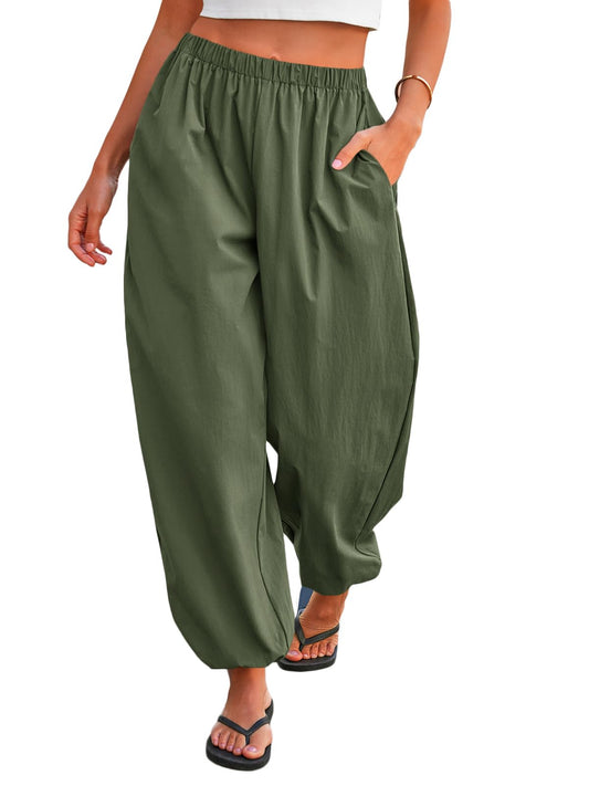 Tankaneo Womens Balloon Pants Trendy Casual Elastic Waist Wide Leg Harem Pants Baggy Pleated Lantern Trousers