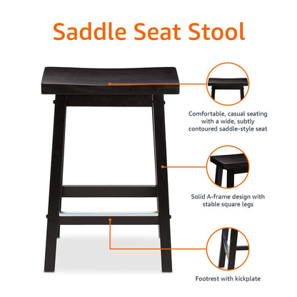 Amazon Basics Solid Wood Saddle-Seat Counter Height Bar Stools for Kitchen Island with Footrest, 24-Inch Height, Black, Set of 2