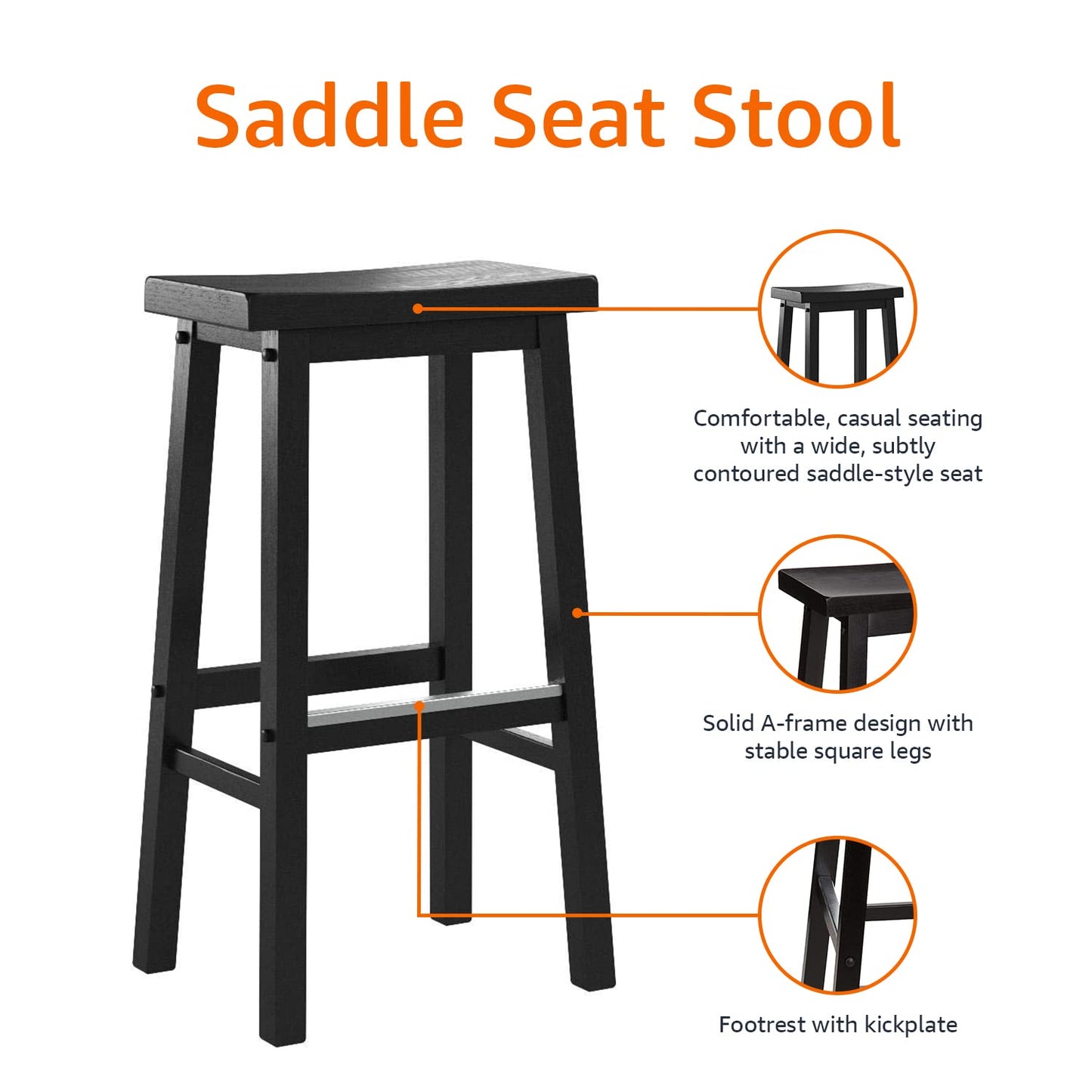 Amazon Basics Solid Wood Saddle-Seat Counter Height Bar Stools for Kitchen Island with Footrest, 24-Inch Height, Black, Set of 2