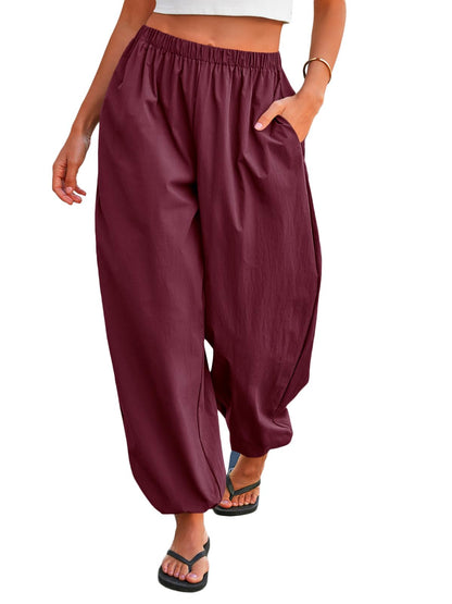 Tankaneo Womens Balloon Pants Trendy Casual Elastic Waist Wide Leg Harem Pants Baggy Pleated Lantern Trousers