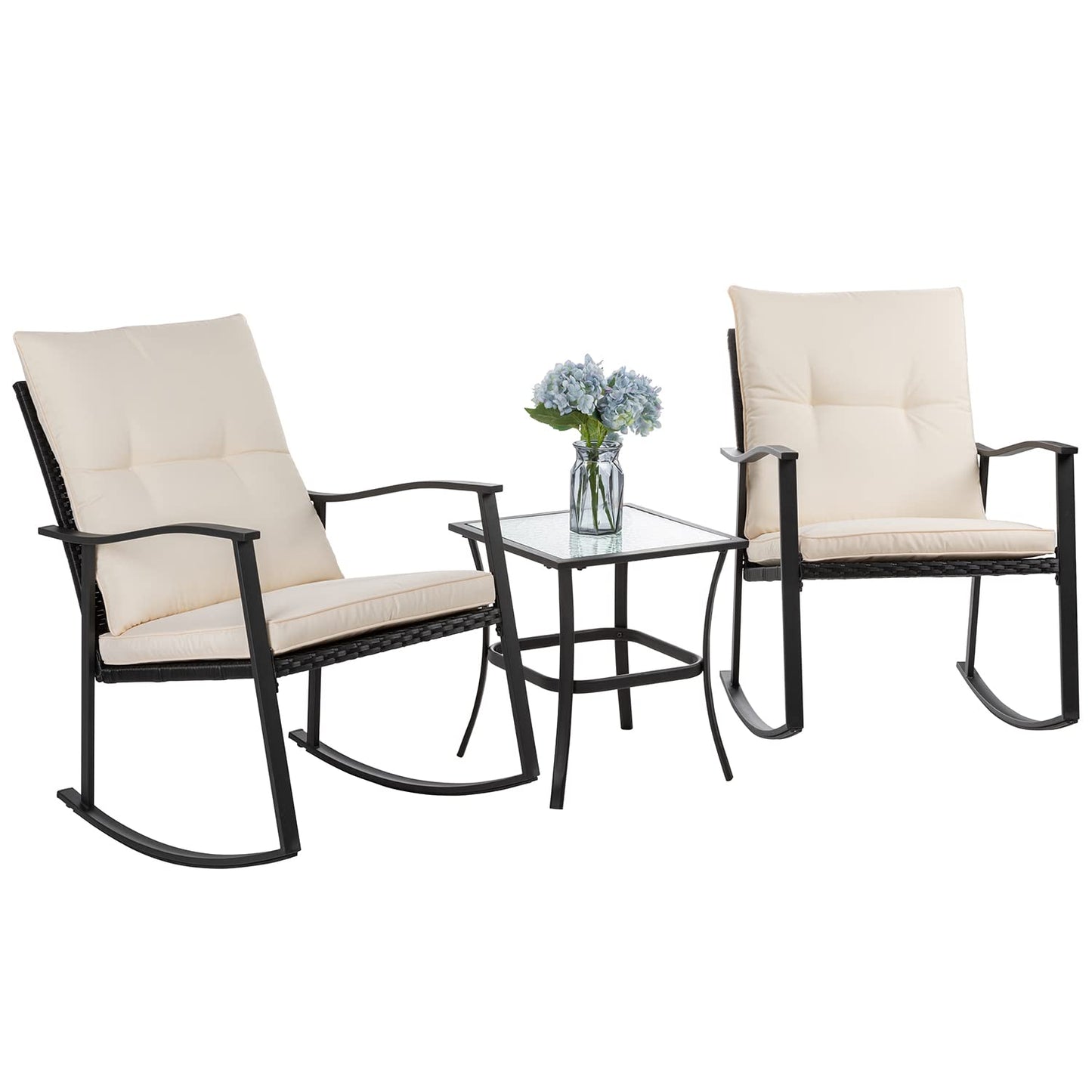 Shintenchi Rocking Chair Outdoor with Table, 3 Piece Rocking Patio Bistro Set, Outdoor Furniture Set with Metal Frame and Textilene Fabric for Small Space, Brown