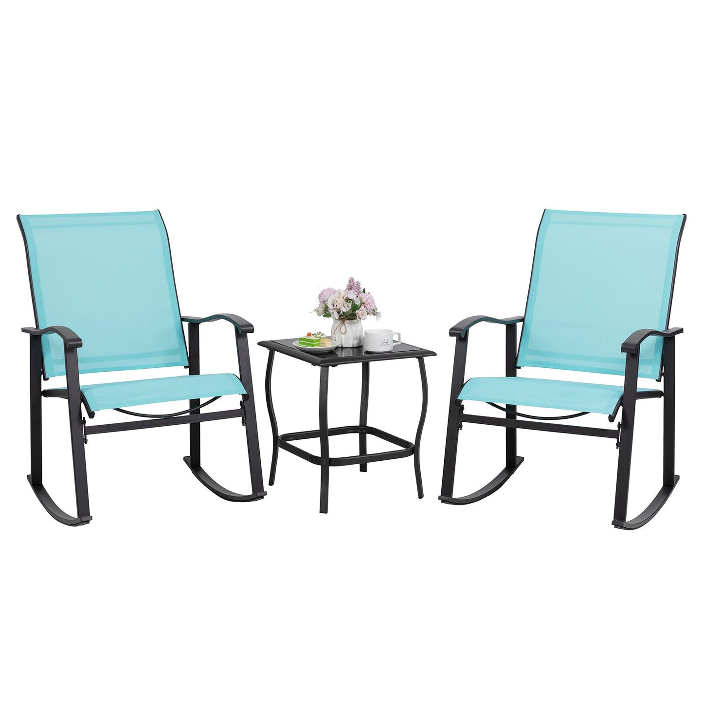 Shintenchi Rocking Chair Outdoor with Table, 3 Piece Rocking Patio Bistro Set, Outdoor Furniture Set with Metal Frame and Textilene Fabric for Small Space, Brown