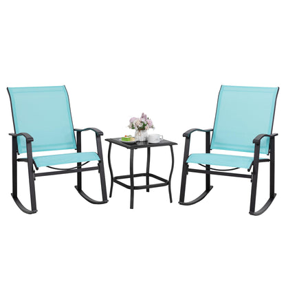 Shintenchi Rocking Chair Outdoor with Table, 3 Piece Rocking Patio Bistro Set, Outdoor Furniture Set with Metal Frame and Textilene Fabric for Small Space, Brown