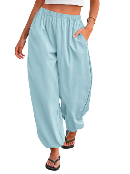 Tankaneo Womens Balloon Pants Trendy Casual Elastic Waist Wide Leg Harem Pants Baggy Pleated Lantern Trousers