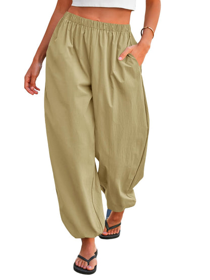 Tankaneo Womens Balloon Pants Trendy Casual Elastic Waist Wide Leg Harem Pants Baggy Pleated Lantern Trousers
