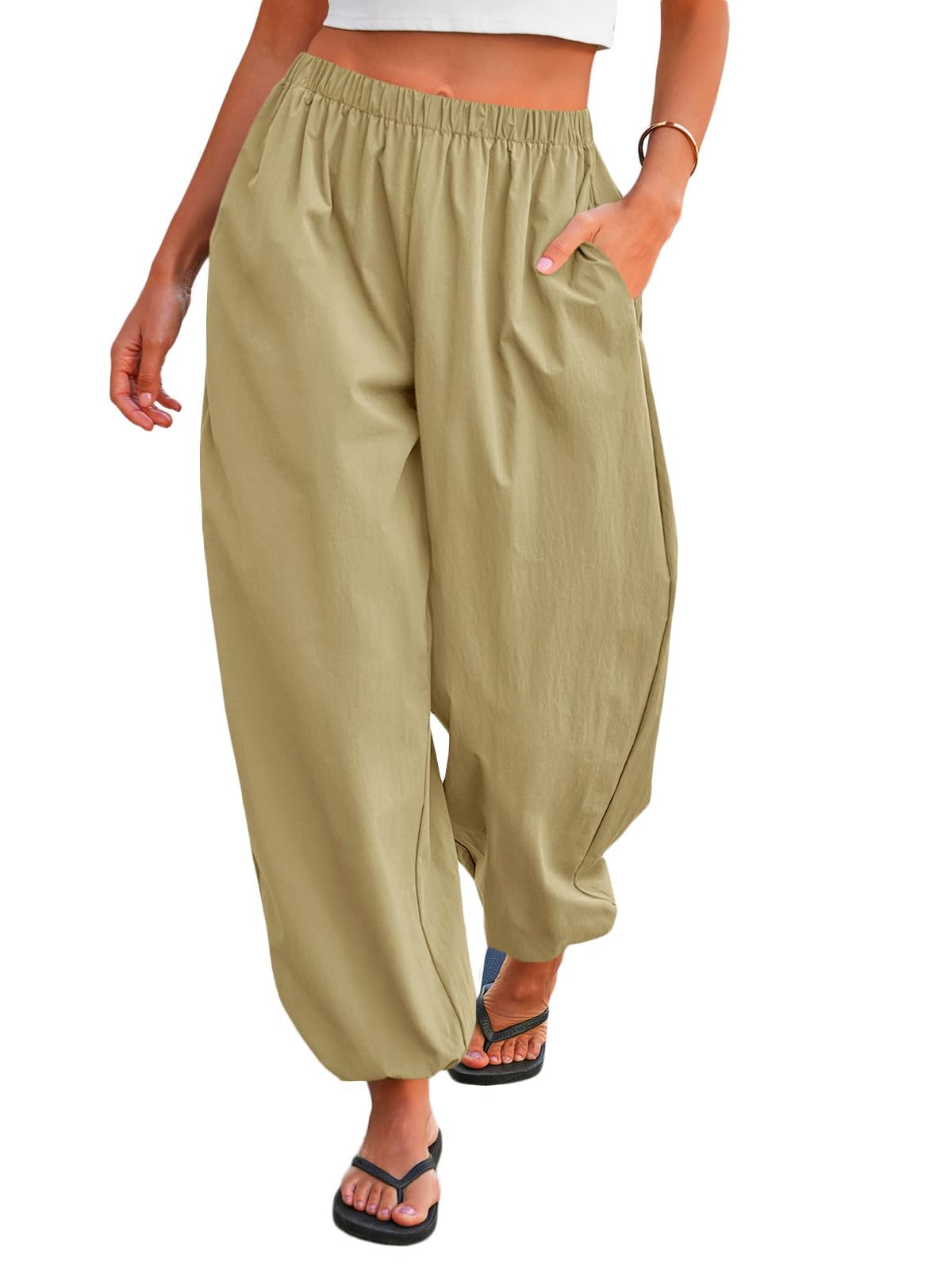Tankaneo Womens Balloon Pants Trendy Casual Elastic Waist Wide Leg Harem Pants Baggy Pleated Lantern Trousers