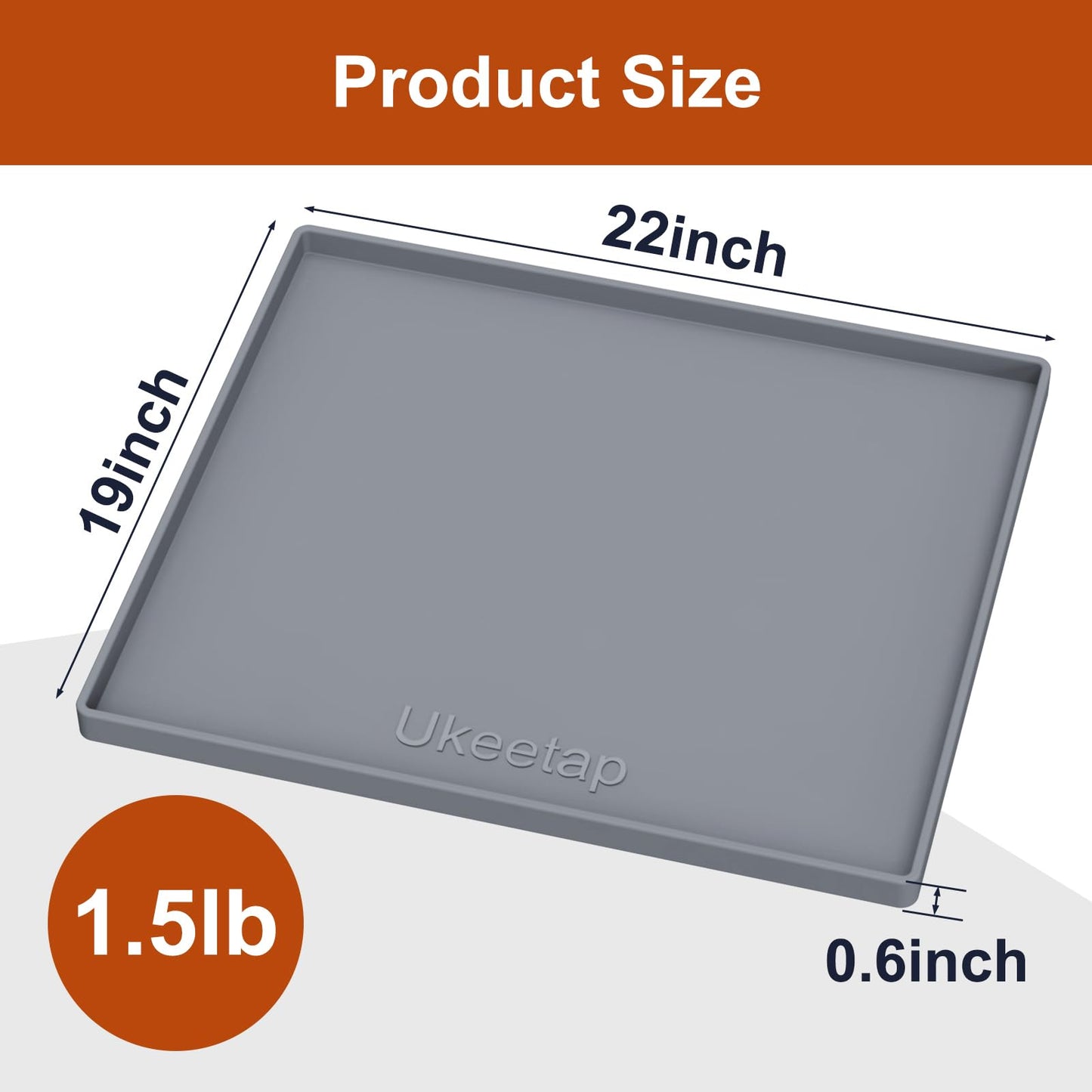 ukeetap Extra Thick Silicone Mat Waterproof with Raised Edge 19” x 12”, BPA Free Non-Slip Dog & Cat Food Mat, Feeding Mat for Food and Water Bowls, Spill Proof Mat to Protect Floors, Gray