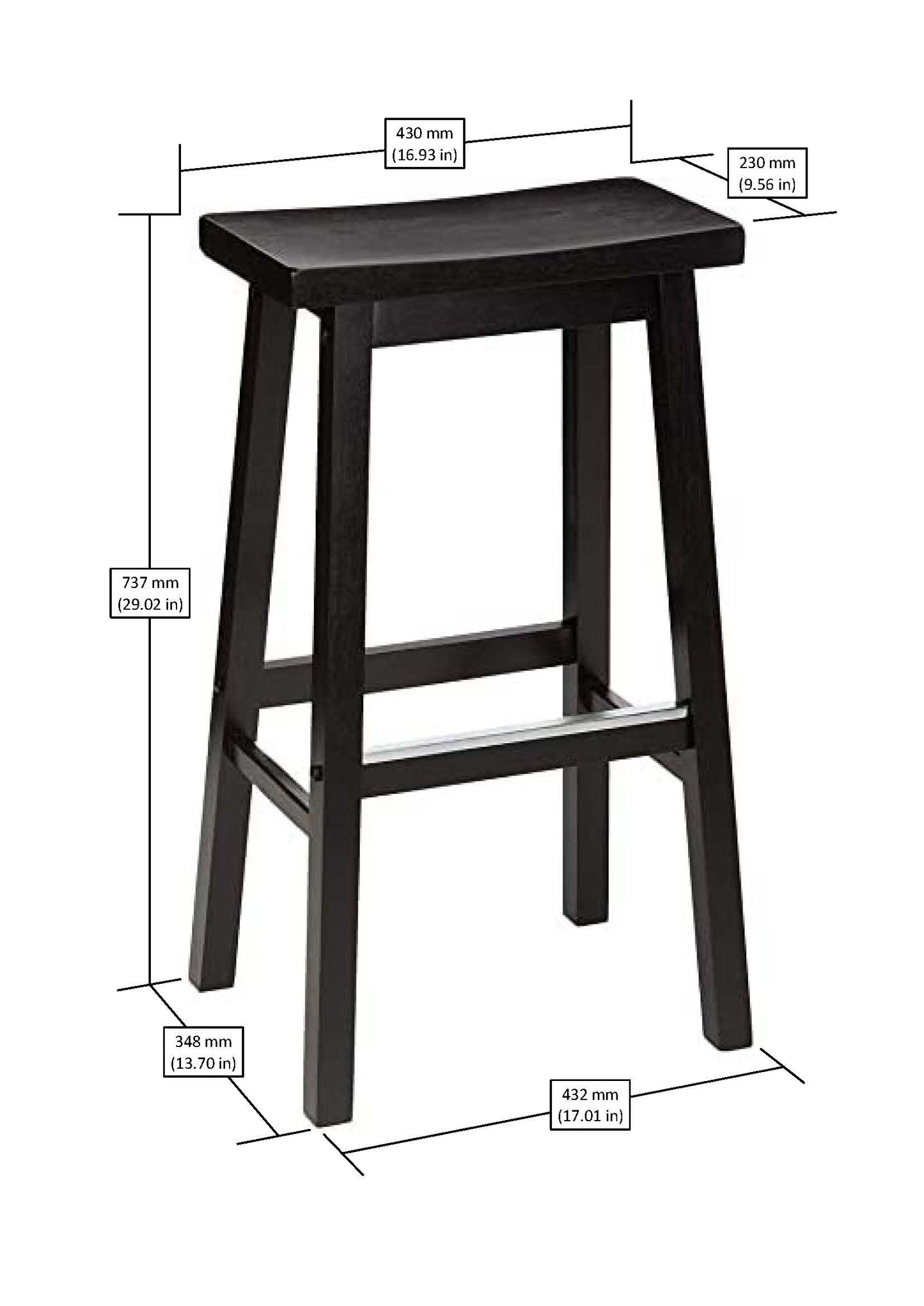 Amazon Basics Solid Wood Saddle-Seat Counter Height Bar Stools for Kitchen Island with Footrest, 24-Inch Height, Black, Set of 2