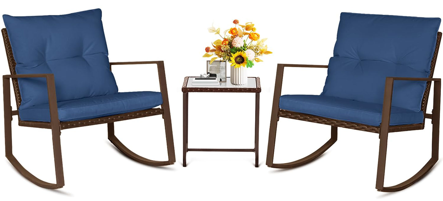 SUNCROWN 3 Piece Outdoor Rocking Bistro Set Black Wicker Furniture Porch Chairs Conversation Sets with Glass Coffee Table, Beige