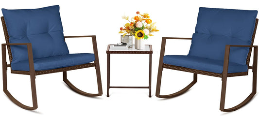 SUNCROWN 3 Piece Outdoor Rocking Bistro Set Black Wicker Furniture Porch Chairs Conversation Sets with Glass Coffee Table, Beige