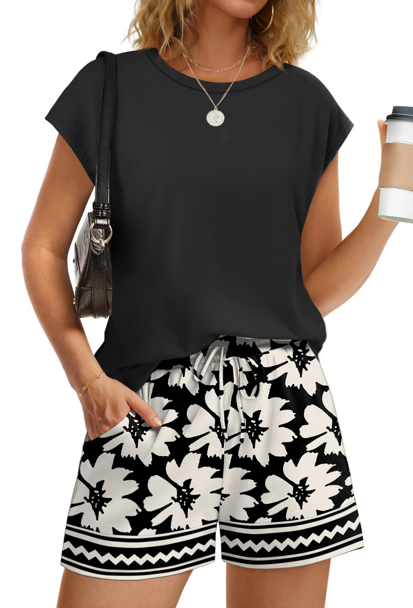 WIHOLL Two Piece Sets for Women Summer Crew Neck Lounge Short Sets Cap Sleeve Drawstring Sweatsuit with Pocket