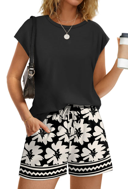 WIHOLL Two Piece Sets for Women Summer Crew Neck Lounge Short Sets Cap Sleeve Drawstring Sweatsuit with Pocket