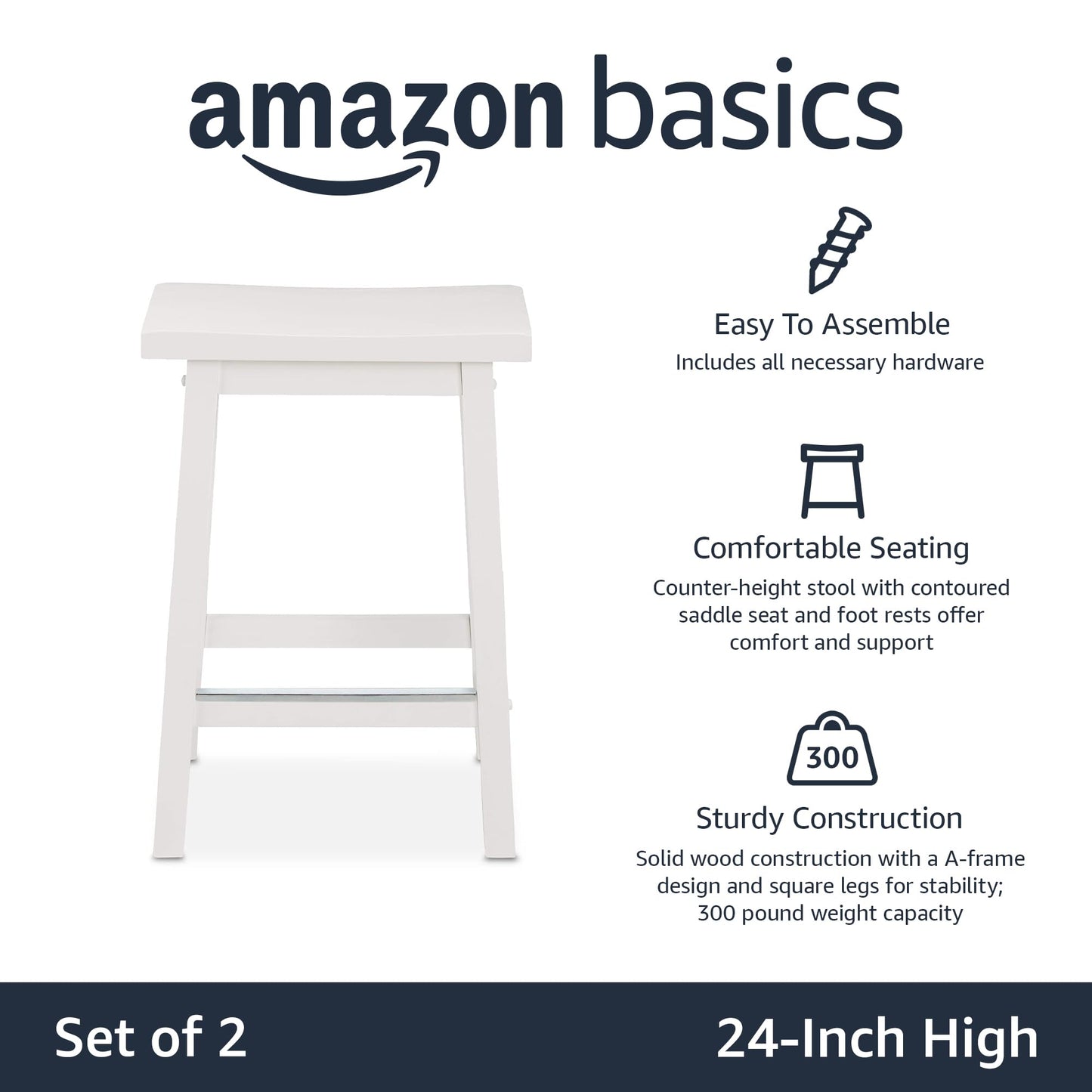 Amazon Basics Solid Wood Saddle-Seat Counter Height Bar Stools for Kitchen Island with Footrest, 24-Inch Height, Black, Set of 2