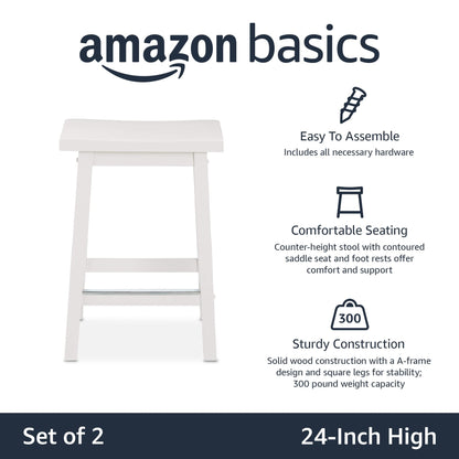 Amazon Basics Solid Wood Saddle-Seat Counter Height Bar Stools for Kitchen Island with Footrest, 24-Inch Height, Black, Set of 2