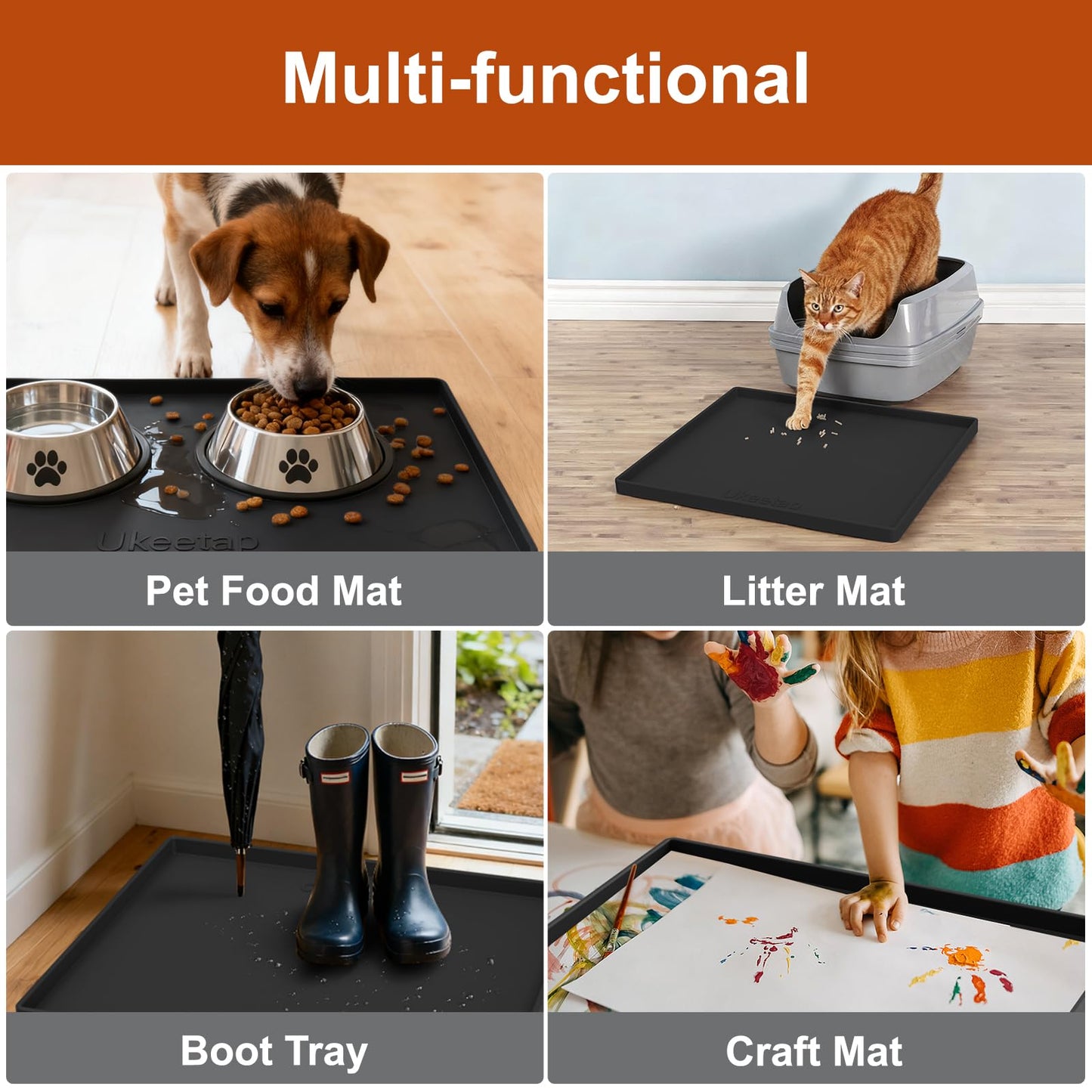 ukeetap Extra Thick Silicone Mat Waterproof with Raised Edge 19” x 12”, BPA Free Non-Slip Dog & Cat Food Mat, Feeding Mat for Food and Water Bowls, Spill Proof Mat to Protect Floors, Gray