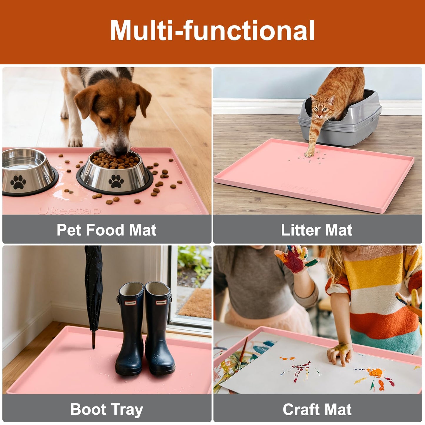 ukeetap Extra Thick Silicone Mat Waterproof with Raised Edge 19” x 12”, BPA Free Non-Slip Dog & Cat Food Mat, Feeding Mat for Food and Water Bowls, Spill Proof Mat to Protect Floors, Gray