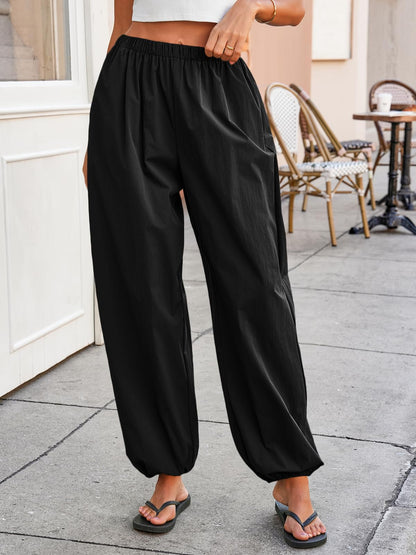 Tankaneo Womens Balloon Pants Trendy Casual Elastic Waist Wide Leg Harem Pants Baggy Pleated Lantern Trousers
