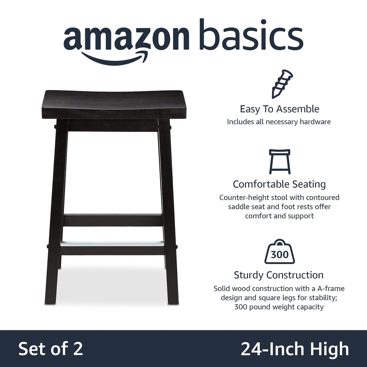Amazon Basics Solid Wood Saddle-Seat Counter Height Bar Stools for Kitchen Island with Footrest, 24-Inch Height, Black, Set of 2