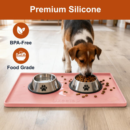 ukeetap Extra Thick Silicone Mat Waterproof with Raised Edge 19” x 12”, BPA Free Non-Slip Dog & Cat Food Mat, Feeding Mat for Food and Water Bowls, Spill Proof Mat to Protect Floors, Gray