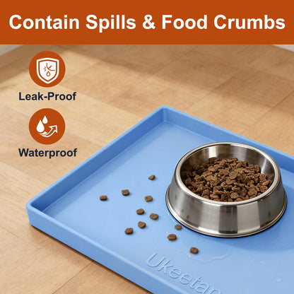ukeetap Extra Thick Silicone Mat Waterproof with Raised Edge 19” x 12”, BPA Free Non-Slip Dog & Cat Food Mat, Feeding Mat for Food and Water Bowls, Spill Proof Mat to Protect Floors, Gray
