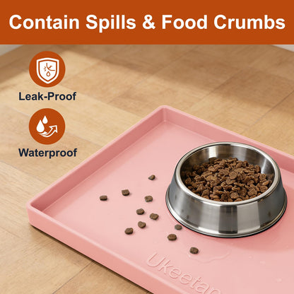 ukeetap Extra Thick Silicone Mat Waterproof with Raised Edge 19” x 12”, BPA Free Non-Slip Dog & Cat Food Mat, Feeding Mat for Food and Water Bowls, Spill Proof Mat to Protect Floors, Gray