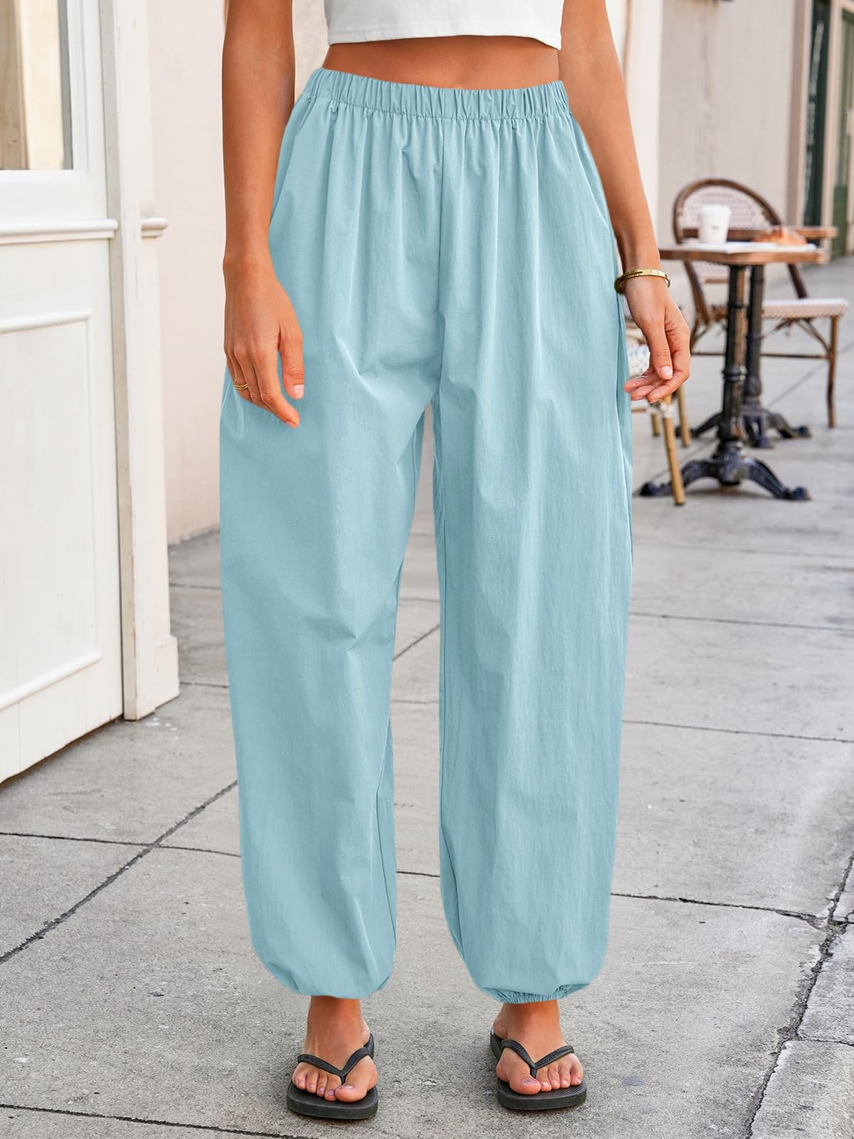 Tankaneo Womens Balloon Pants Trendy Casual Elastic Waist Wide Leg Harem Pants Baggy Pleated Lantern Trousers