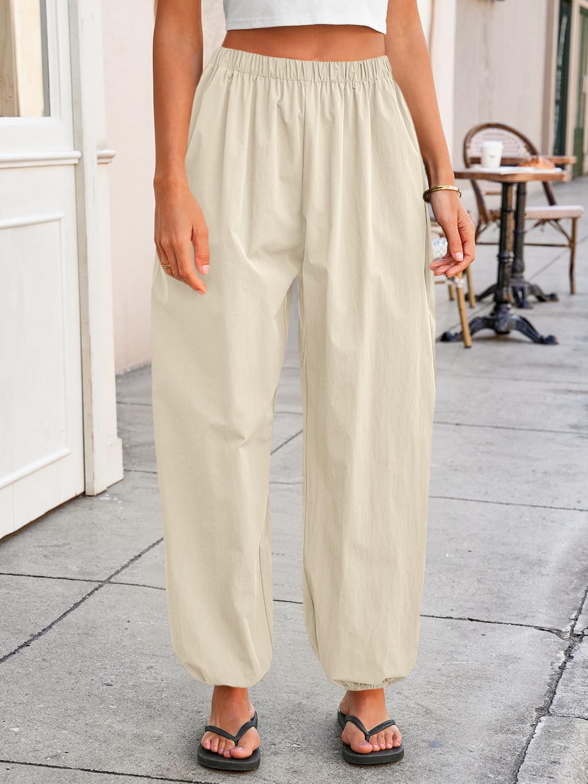 Tankaneo Womens Balloon Pants Trendy Casual Elastic Waist Wide Leg Harem Pants Baggy Pleated Lantern Trousers