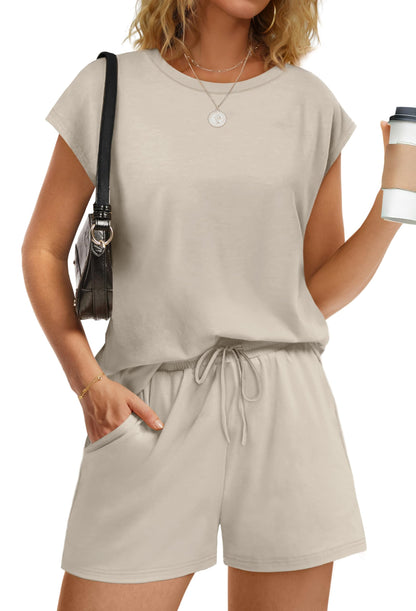WIHOLL Two Piece Sets for Women Summer Crew Neck Lounge Short Sets Cap Sleeve Drawstring Sweatsuit with Pocket