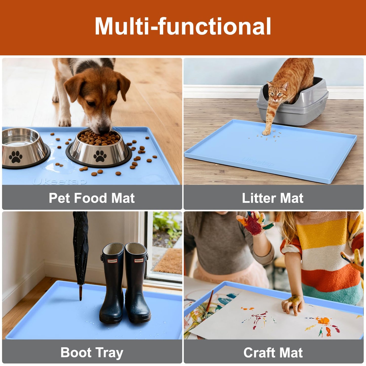 ukeetap Extra Thick Silicone Mat Waterproof with Raised Edge 19” x 12”, BPA Free Non-Slip Dog & Cat Food Mat, Feeding Mat for Food and Water Bowls, Spill Proof Mat to Protect Floors, Gray