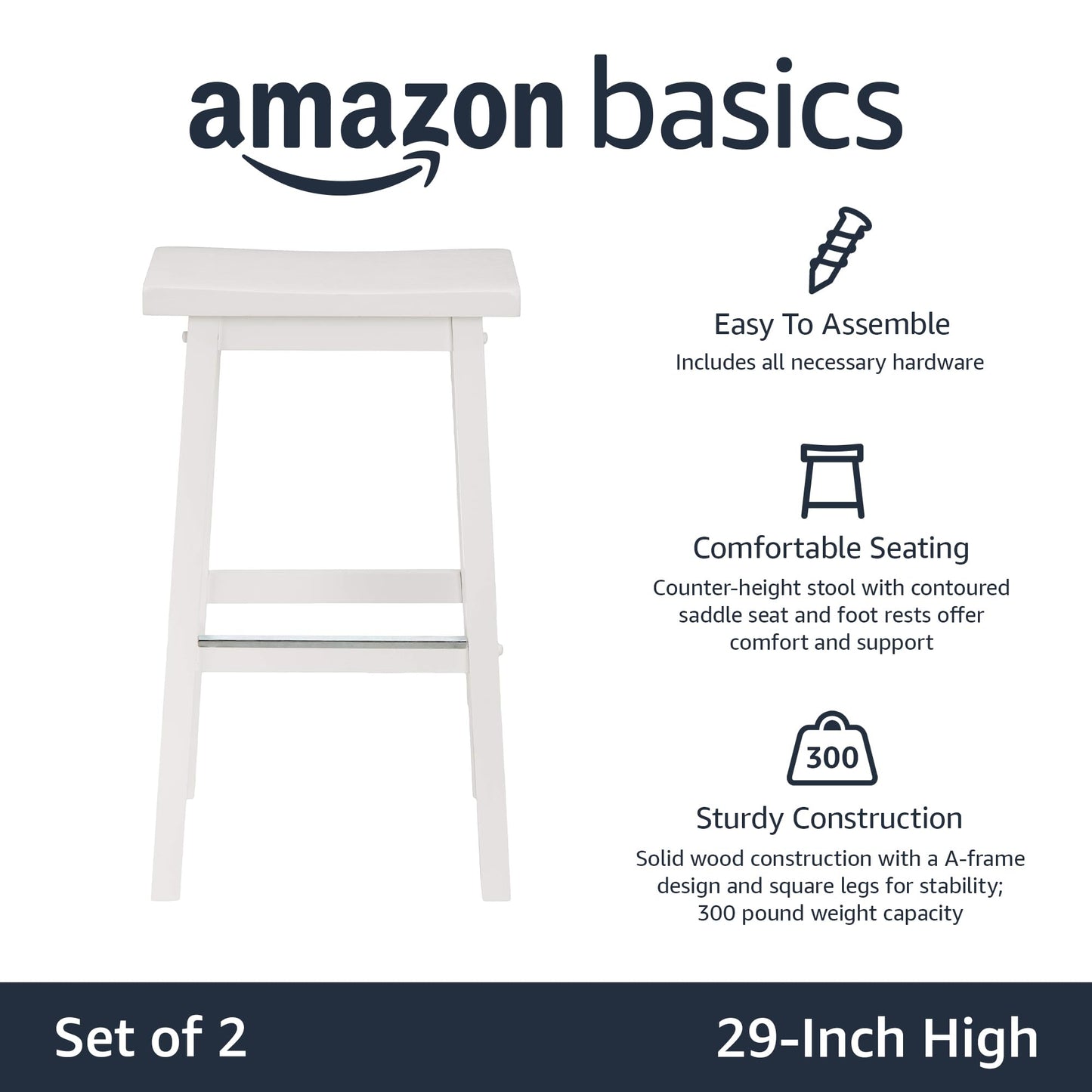 Amazon Basics Solid Wood Saddle-Seat Counter Height Bar Stools for Kitchen Island with Footrest, 24-Inch Height, Black, Set of 2