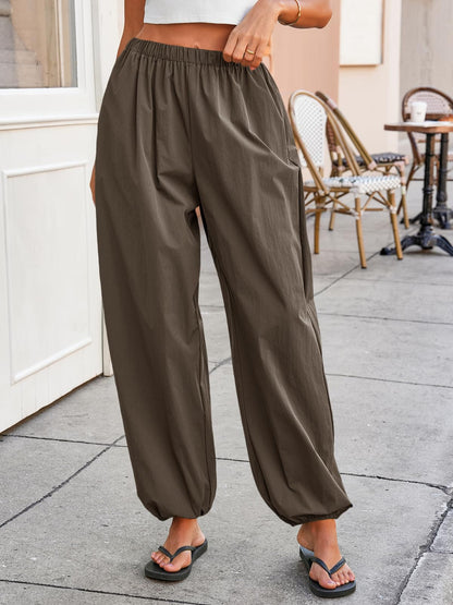 Tankaneo Womens Balloon Pants Trendy Casual Elastic Waist Wide Leg Harem Pants Baggy Pleated Lantern Trousers